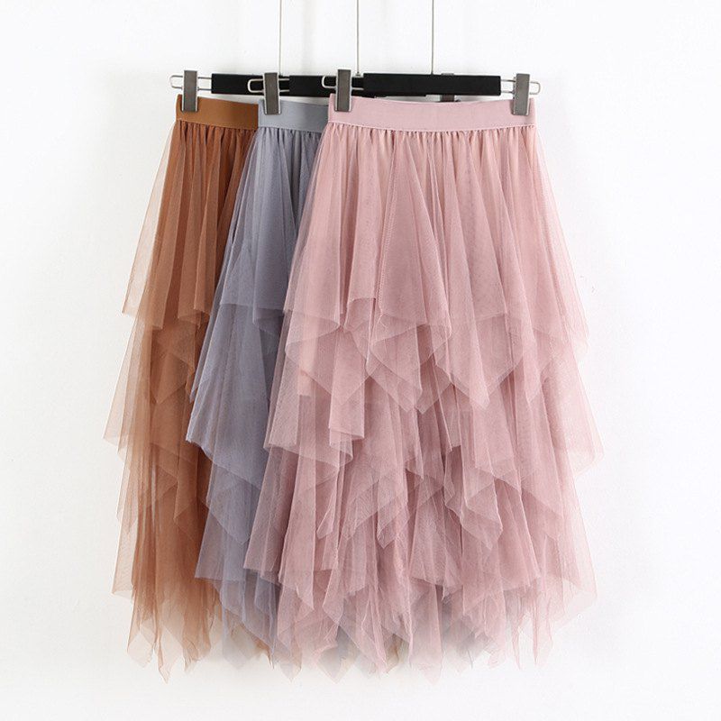 Fashion 2022 Spring Party Skirt Elastic High Waist Long Tulle Skirt Women Irregular Hem Mesh Tutu Skirt Ladies PLUS SIZE